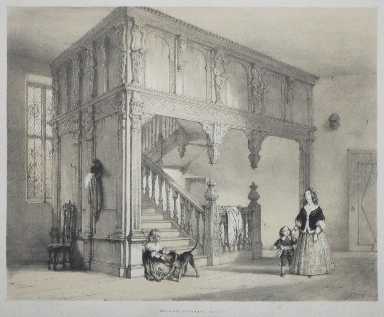 Lithograph - Staircase, Wakehurst, Sussex - Nash